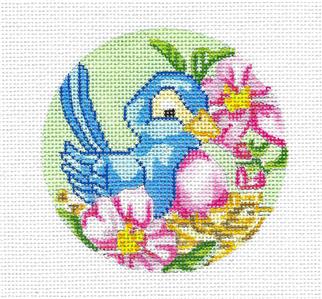 Round ~ Bluebird in a Nest with Flowers handpainted Needlepoint Canvas by Starke Art CBK