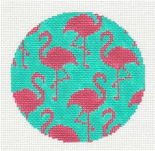 Round ~ Pink FLAMINGOS on PARADE handpainted Needlepoint Ornament Canvas by LN Designs from Danji