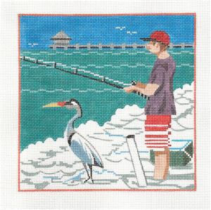 Sports Beach Canvas ~ Beachside Fishing Duo handpainted Needlepoint Canvas by Kamala ~ Juliemar