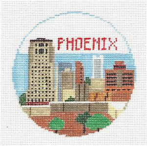 Travel Round ~ PHOENIX, ARIZONA Needlepoint Ornament Canvas by Kathy Schenkel RD.