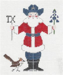 Texas Canvas ~ TEXAS SANTA with Road Runner & Bluebonnets handpainted Needlepoint Ornament Canvas by Petei