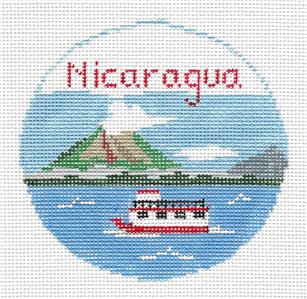Travel Round ~ Country of NICARAGUA 4" Rd. handpainted 18 Mesh Needlepoint Ornament Canvas by Kathy Schenkel
