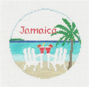 Travel Round ~ ISLAND of JAMAICA handpainted 18 mesh 4" Rd. Needlepoint Canvas Kathy Schenkel
