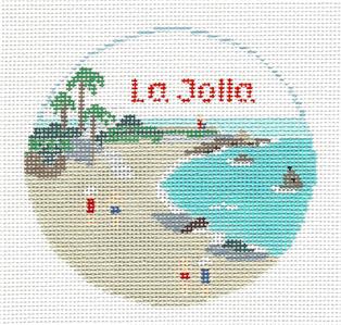Travel Round ~ LA JOLLA, CALIFORNIA handpainted 18 Mesh 4" Rd. Needlepoint Canvas by Kathy Schenkel