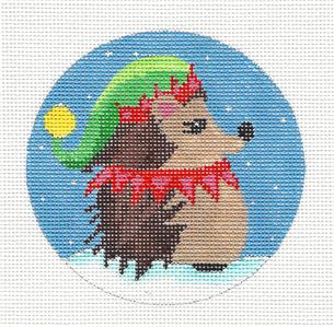 Round ~ ELF Hedgehog in Pom Pom Hat handpainted Needlepoint Canvas by ZIA ~ Danji