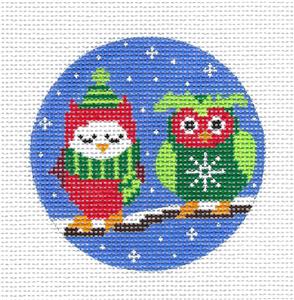 Round-2 OWLS on a BRANCH Ornament handpainted 13m Needlepoint Canvas by Karen ~ CBK