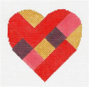 Patchwork Heart handpainted Needlepoint Canvas & STITCH GUIDE by Suzie Vallerie