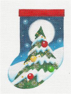 Mini Stocking ~ Decorated Christmas Tree in Moonlight 18 Mesh Mini Stocking Ornament Needlepoint Canvas by Rebecca Wood