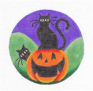 Halloween ~ 2 Black Cats & Pumpkin Halloween handpainted Needlepoint Canvas by Rebecca Wood