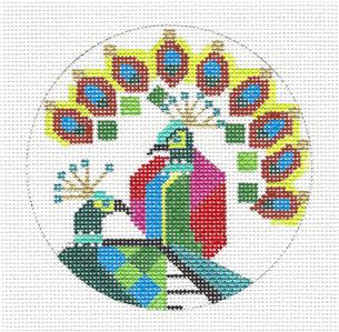 Bird Round ~ Two Peacocks handpainted 4" Rd. Needlepoint Ornament by Melissa Prince