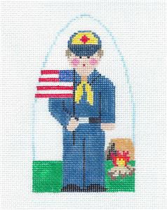Child's Canvas ~ CUB SCOUT BOY with Flag handpainted Needlepoint Canvas Ornament by Kathy Schenkel