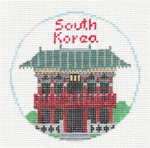 Travel Round ~ SOUTH KOREA handpainted Needlepoint Canvas Ornament by Kathy Schenkel RD.
