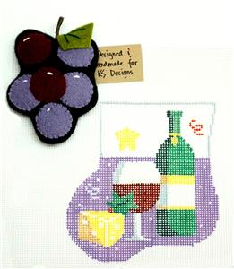 Red Wine SET ~ handpainted Needlepoint Mini Stocking Ornament & Felt Grapes by Kathy Schenkel
