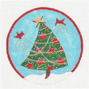 Christmas Tree ~ Cardinals with Christmas Tree with Red Stars handpainted Needlepoint Ornament by Juliemar