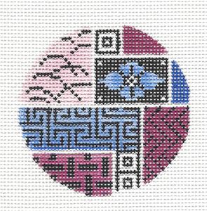 3" Round ~ Purple & Blue Collage handpainted 2.75" Rd. Needlepoint Ornament by Mindy