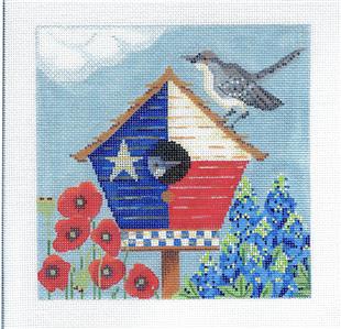 Kelly Clark Canvas ~ TEXAS STATE BIRD HOUSE & MOCKINGBIRD handpainted Needlepoint Ornament Canvas Kelly Clark