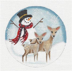 Round ~ Snowman & 2 Deer 4" Rd. handpainted 18 mesh Needlepoint Ornament Canvas by Rebecca Wood