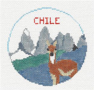 Travel Round ~ Country of Chile 4" Rd. 18 mesh handpainted Needlepoint Ornament Canvas by Kathy Schenkel