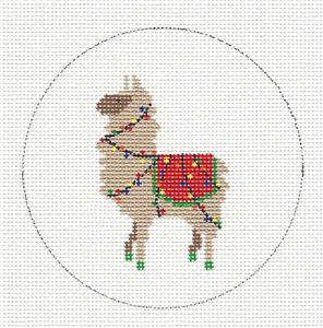 Christmas Round ~ LLAMA with Holiday Lights handpainted 18 Mesh Needlepoint Ornament Canvas by ZIA ~ Danji