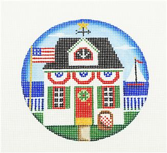 Round ~Patriotic Cottage 4" handpainted Needlepoint Ornament Canvas by Rebecca Wood~MAY NEED TO BE SPECIAL ORDERED