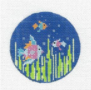 Kelly Clark ~ Three Tropical Fancy Fish handpainted 3" Round Needlepoint Canvas by Kelly Clark