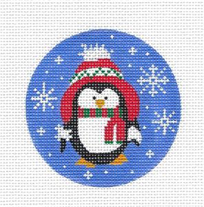 Round ~ Penguin in Knit Hat & Scarf 4" 13 mesh handpainted Needlepoint Ornament by Karen ~ CBK