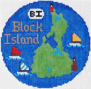 Travel Round ~ BLOCK ISLAND, RHODE ISLAND handpainted 4.25" Rd. Needlepoint Canvas Ornament by Silver Needle