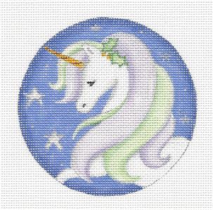 Round ~ "He" UNICORN Ornament handpainted Needlepoint Canvas by Rebecca Wood