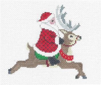 Christmas ~ Santa Riding a Reindeer handpainted 18 mesh Needlepoint Canvas by Susan Roberts