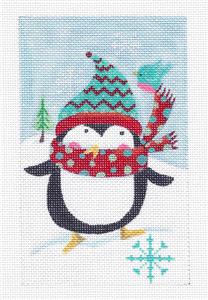 Adorable Penguin & Blue Bird in Snow handpainted 18 Mesh Needlepoint Canvas by Diane Kater