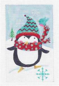Snowy Penguin & Blue Bird handpainted Needlepoint Canvas Ornament by Diane Kater