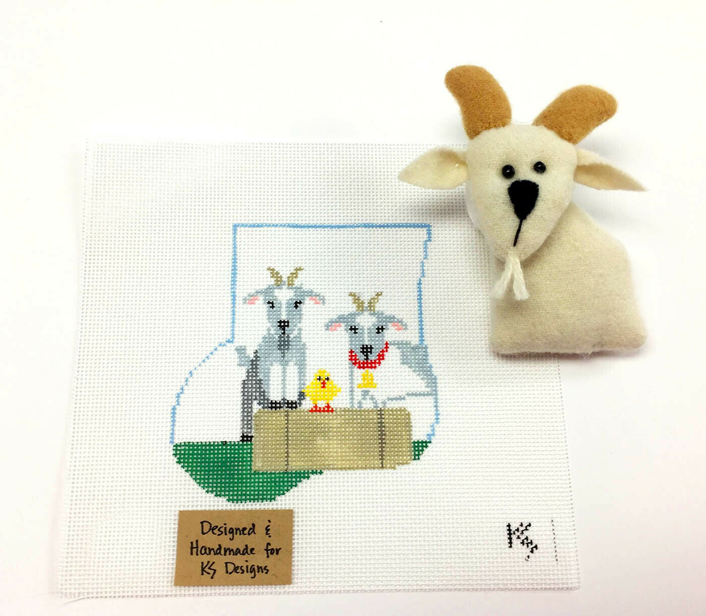 Canvas Set ~ Two Goats & a Chick SET handpainted Needlepoint Ornament & Felt GOAT by Kathy Schenkel