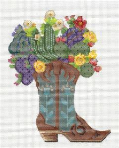 TEXAS ~ Desert Cactus Blooms Boot handpainted Needlepoint Canvas Ornament by Kelly Clark