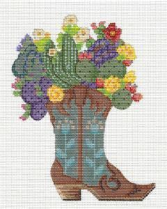TEXAS ~ Desert Cactus Blooms Boot handpainted 18 Mesh Needlepoint Canvas Ornament by Kelly Clark