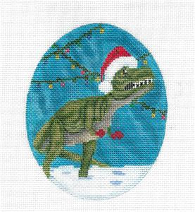 Child's ~ T-REX Dinosaur with Santa Hat & Christmas Lights handpainted Oval Needlepoint Canvas by Scott Church
