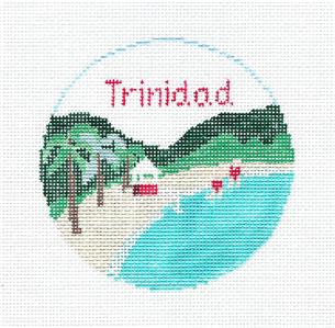 Travel Round ~ The Caribbean TRINIDAD Beach Needlepoint Ornament Canvas by Kathy Schenkel RD.