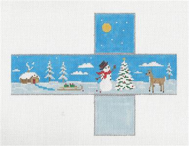 Christmas Cube ~ Snowman Decorating a Tree CUBE handpainted Needlepoint Canvas by Susan Roberts