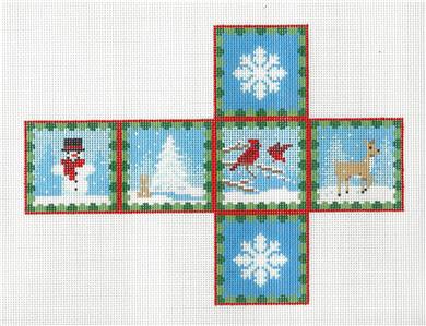 Christmas Cube ~ WOODLAND SNOW DAY ~ CUBE handpainted 3-D Needlepoint Canvas by Susan Roberts