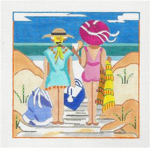 Beachside Canvas ~ Friends At the Beach handpainted Needlepoint Canvas by Kamala ~ Juliemar