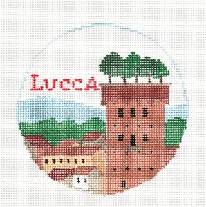 Travel Round ~ The LUCCA, ITALY TUSCANY Tower handpainted Needlepoint Canvas Kathy Schenkel RD