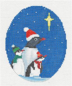 Penguin Oval ~ Penguin Family Looking at Christmas Star 5" HP Needlepoint Canvas Scott Church