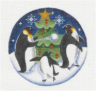 Round ~ Christmas Penguins Ornament handpainted Needlepoint Canvas Rebecca Wood