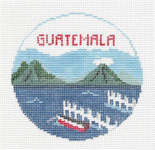 Travel Round ~ Country of GUATEMALA handpainted 18 Mesh 4" Rd. Needlepoint Canvas by Kathy Schenkel