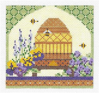 Kelly Clark ~ Springtime Bee Skep & STITCH GUIDE handpainted Needlepoint Canvas by Kelly Clark
