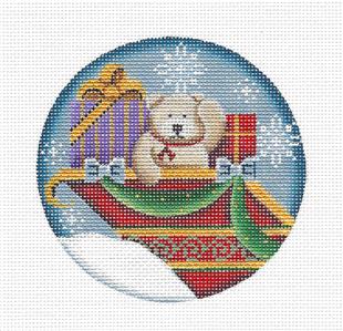 Christmas Round ~ Adorable Teddy Bear in Sleigh handpainted Needlepoint Canvas by Rebecca Wood
