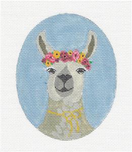 Oval Canvas ~ LLAMA with Flower Head Band handpainted Needlepoint Ornament Canvas by JM ~ Danji