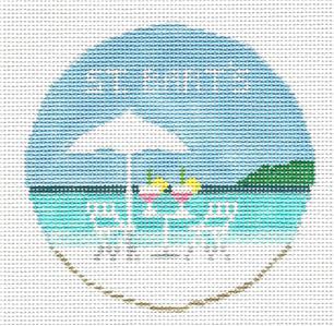 Travel Round ~ ST. BART'S ISLAND handpainted 18 Mesh 4" Rd. Needlepoint Ornament Canvas by Kathy Schenkel