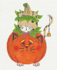 Halloween ~ Cat in a Pumpkin handpainted 18 Mesh Needlepoint Ornament Canvas by Lainey Daniels