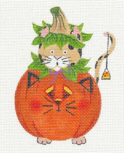 Halloween ~ Cat in a Pumpkin handpainted Needlepoint Ornament Canvas by Lainey Daniels