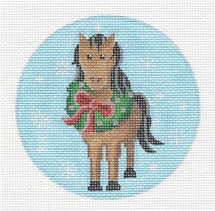 Christmas Round ~ Christmas Horse Wearing a Wreath handpainted Needlepoint Ornament by Pepperberry